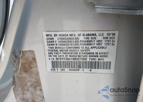 2009 Honda Pilot Ex z USA, uszkodzony, nr VIN 5FNYF38419B021500